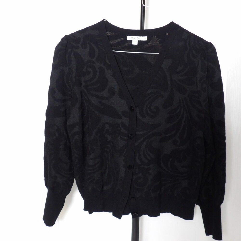 Chico’s Black Mesh Jacquard Button Cardigan Sweater Comfy Women’s Large Business